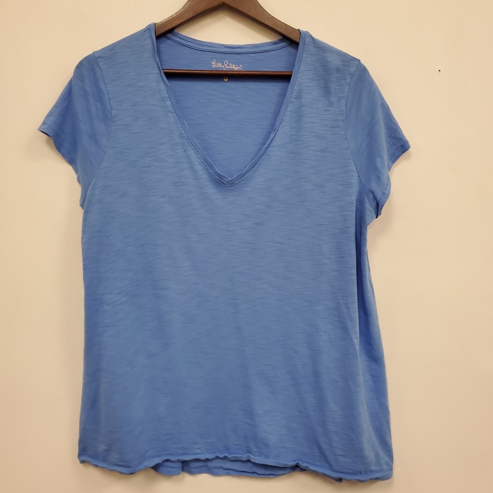 Lilly Pulitzer Womens Pima Cotton V Neck Short Sleeve T Shirt Size L Blue Preppy